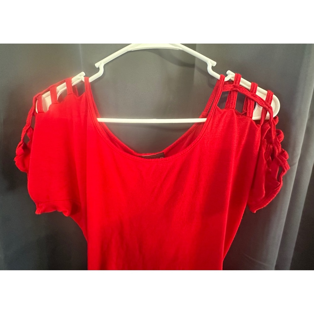 BodyC Womens Red Lattice Cage Shoulder Short Sleeve Ruched Side Top A21804 M